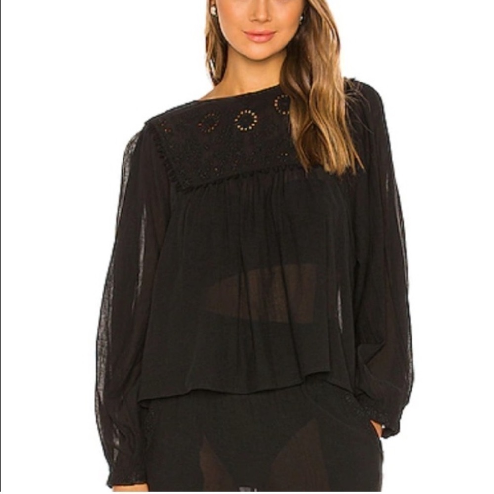 Free People Top Women Small Shirt Blouse Black Semi Sheer Valencia Babydoll E